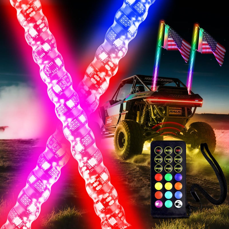 Beatto 2PCS 3FT(0.9M) RF Remote Control RGB LED Whips Light with Dacning/Chasing LED Antenna Light for Off-Road Vehicle ATV UTV RZR Jeep Trucks Dunes - Image 1
